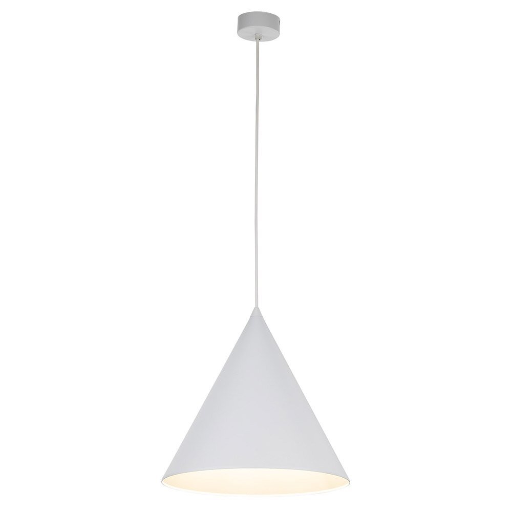 Biała lampa wisząca o stożkowym kształcie z metalowym kloszem. Lampa jest zawieszona na cienkim przewodzie z okrągłą podsufitką.