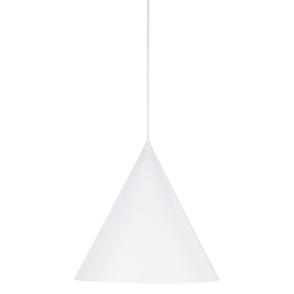 Biała lampa wisząca o stożkowym kształcie z metalowym kloszem. Lampa zawieszona jest na cienkim przewodzie.