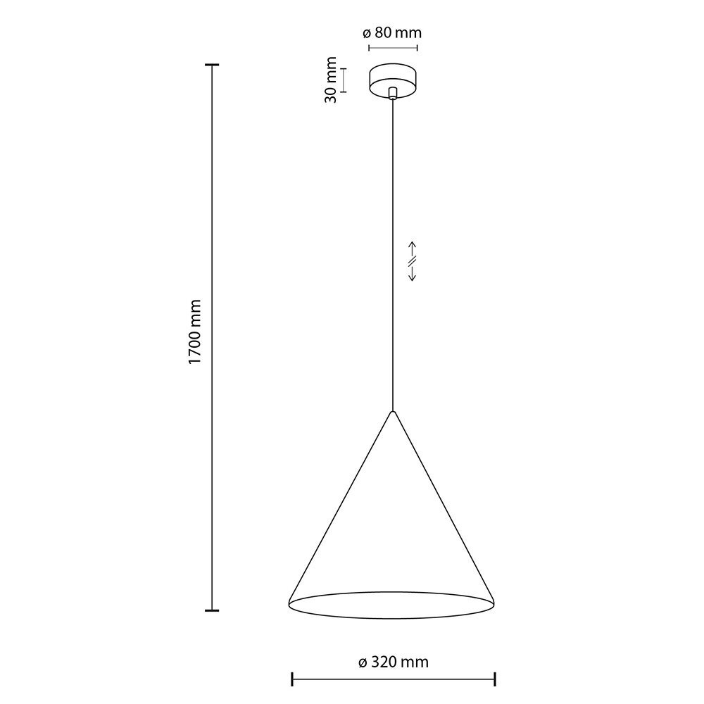 Schematyczny rysunek lampy wiszącej z metalowym kloszem w kształcie stożka o średnicy 320 mm. Wymiary: wysokość całkowita 1700 mm, średnica podsufitki 80 mm, wysokość podsufitki 30 mm, regulacja wysokości zaznaczona strzałkami.