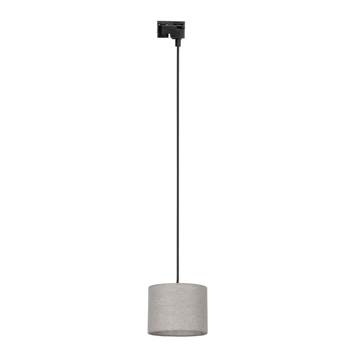 Lampa wisząca z czarnym przewodem i beżowym, lnianym kloszem o cylindrycznym kształcie. Klosz jest zawieszony na długim, regulowanym przewodzie.