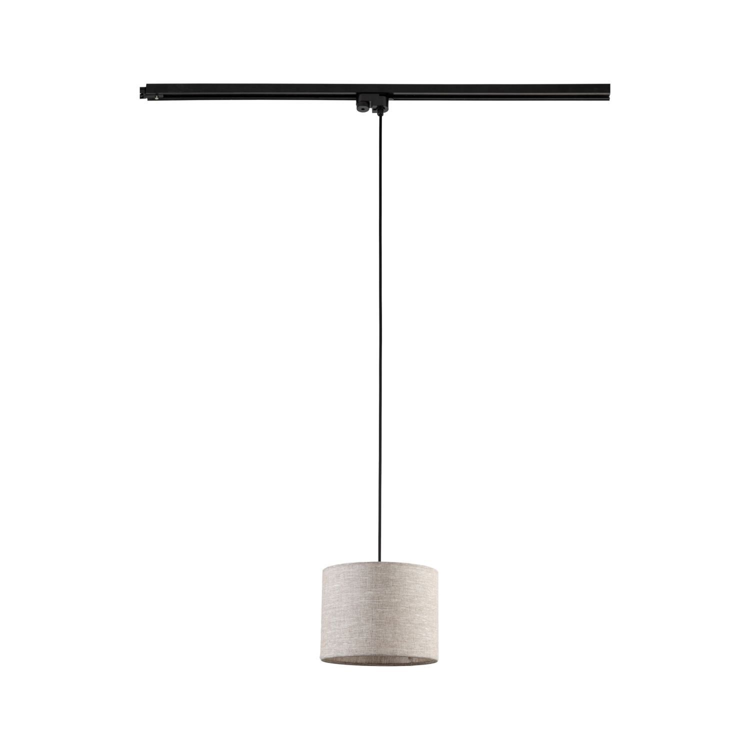 Lampa wisząca z czarną szyną i beżowym, lnianym kloszem. Klosz jest cylindryczny i zawieszony na cienkim przewodzie.