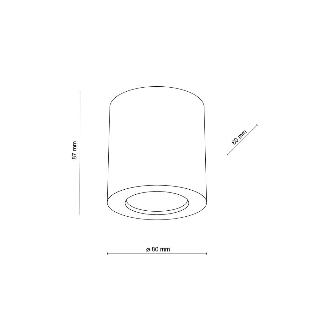 Schematyczny rysunek przedstawia cylindryczny spot natynkowy z wymiarami: wysokość 87 mm i średnica 80 mm. Widoczne są linie wymiarowe oraz oznaczenia \'87 mm\' i \'ø 80 mm\'.