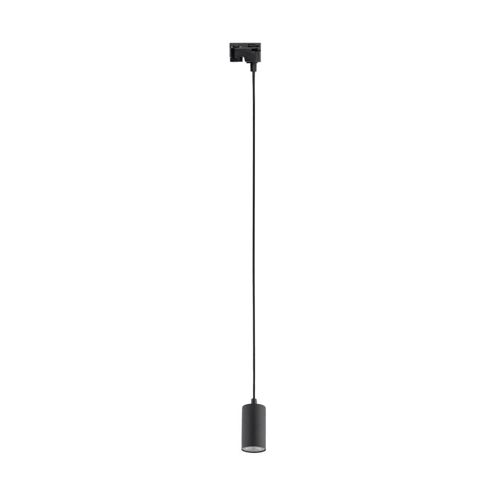 Czarna lampa wisząca z cylindrycznym kloszem, zawieszona na długim przewodzie. Lampa wykonana z metalu, przeznaczona do montażu na szynie.