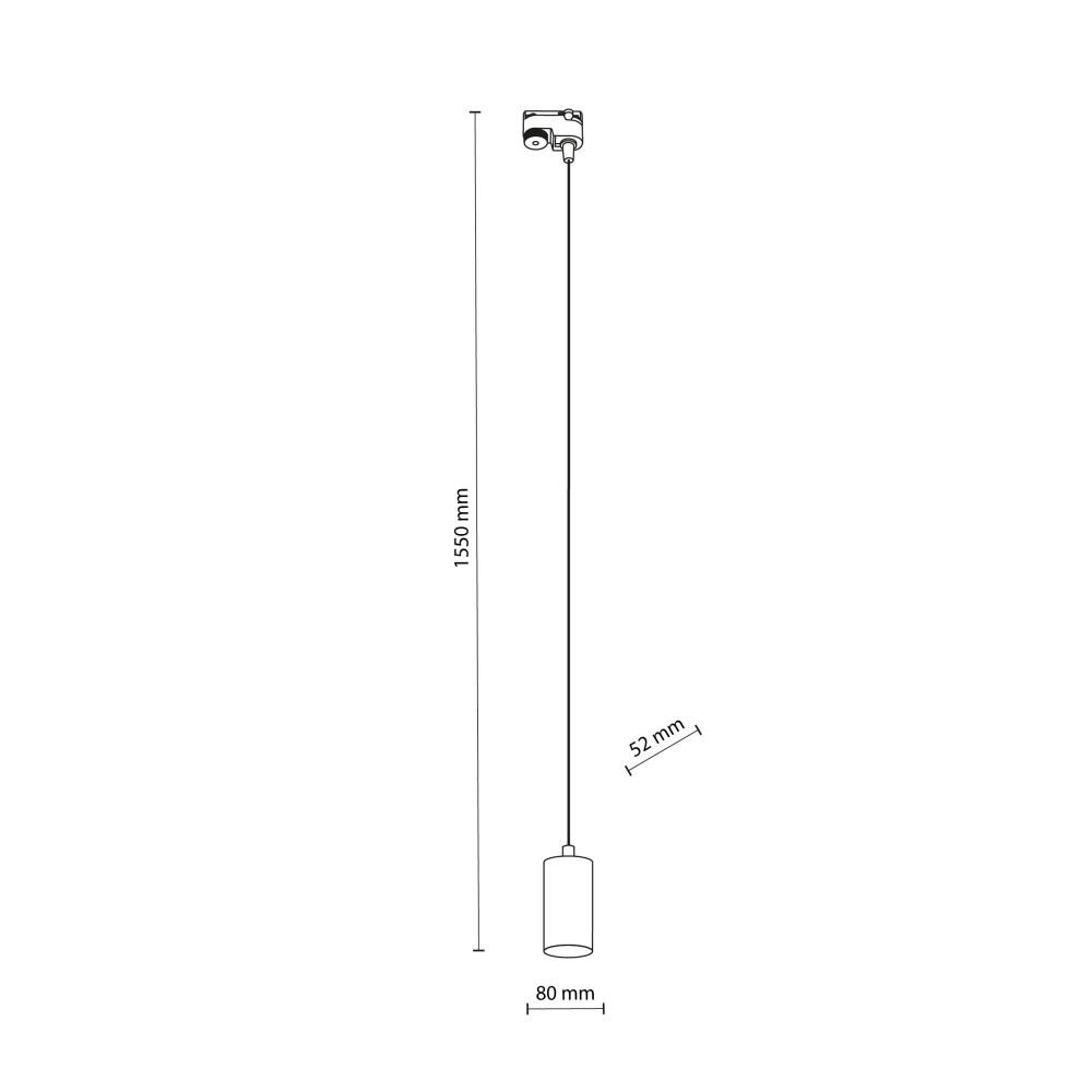 Schematyczny rysunek lampy wiszącej z wymiarami: wysokość 1550 mm, szerokość 80 mm, głębokość 52 mm. Lampa ma prosty, cylindryczny kształt z przewodem prowadzącym do mocowania sufitowego.