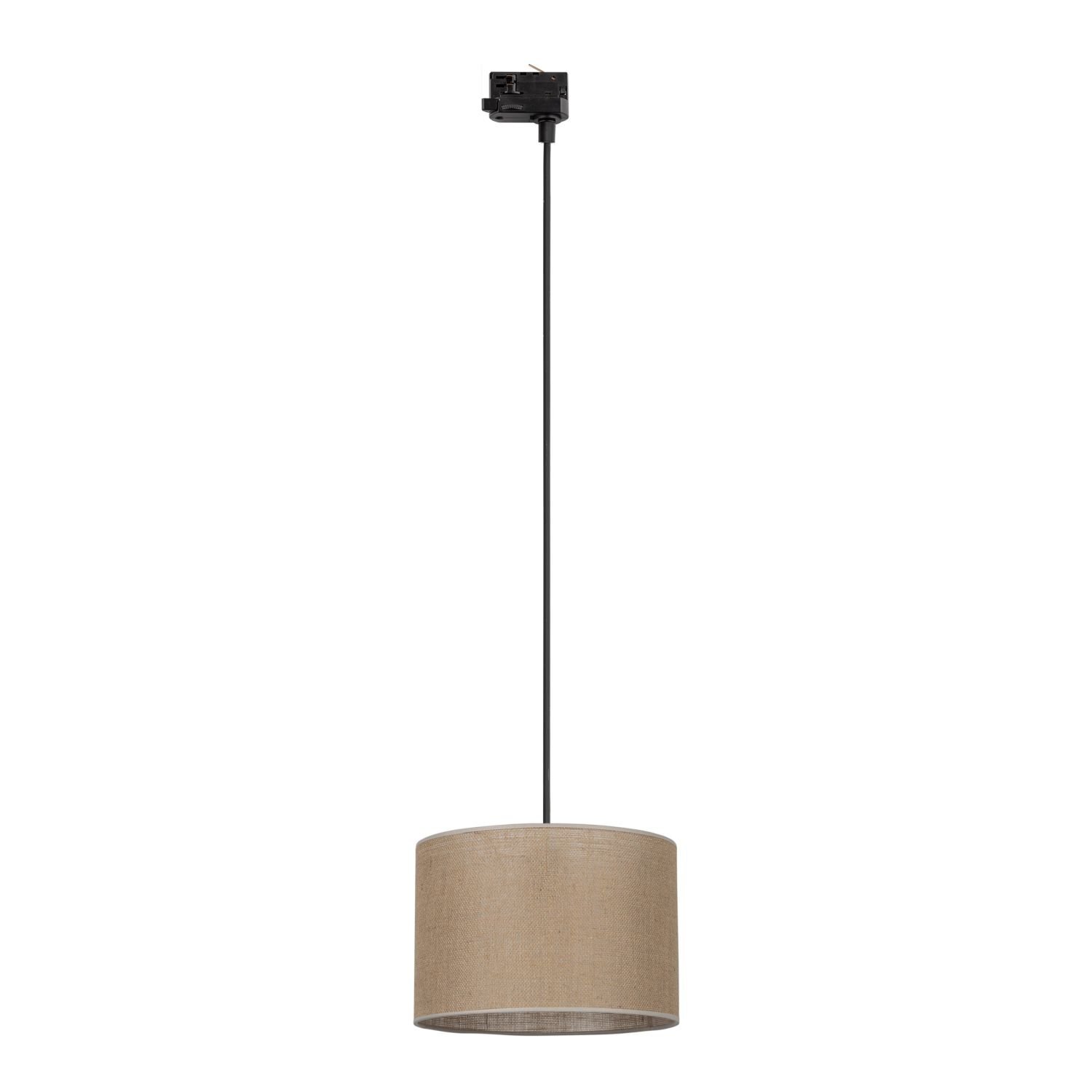Lampa wisząca z czarnym przewodem i beżowym abażurem w kształcie walca. U góry widoczny jest czarny element montażowy.