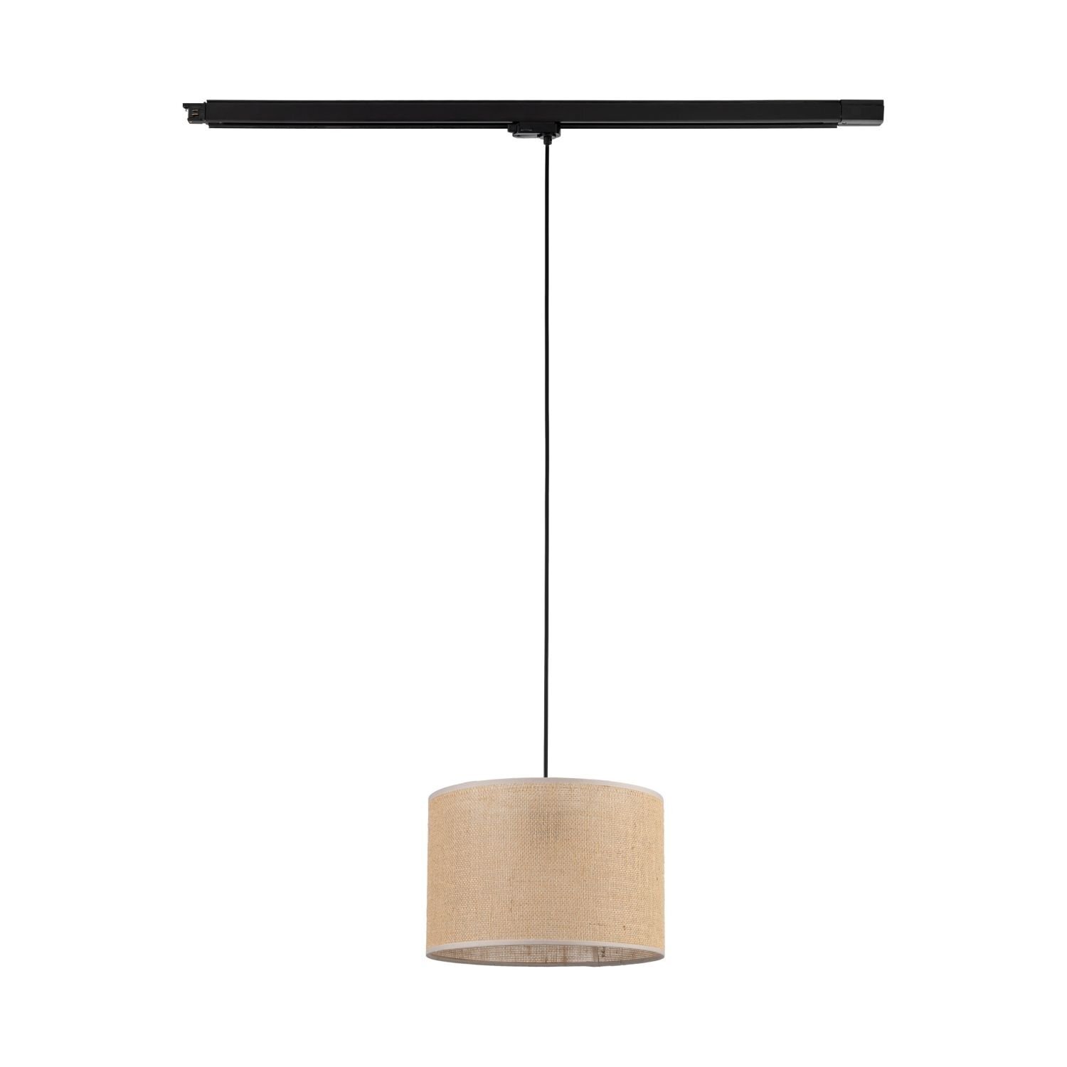 Lampa wisząca z czarną szyną i cylindrycznym kloszem w kolorze beżowym. Klosz zawieszony jest na cienkim, czarnym przewodzie.