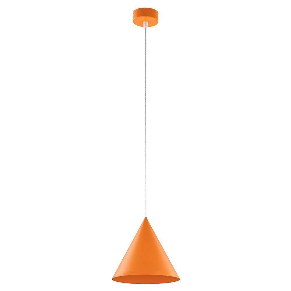 Pomarańczowa lampa wisząca o stożkowym kształcie, zawieszona na cienkim przewodzie. Element mocujący do sufitu również jest pomarańczowy.