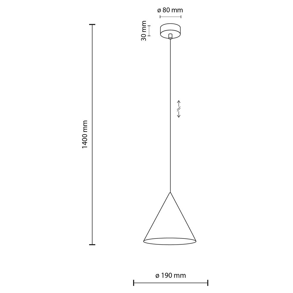 Schematyczny rysunek lampy wiszącej w kształcie stożka z wymiarami: wysokość 1400 mm, średnica klosza 190 mm, średnica mocowania 80 mm, wysokość mocowania 30 mm. Lampa posiada regulację wysokości.
