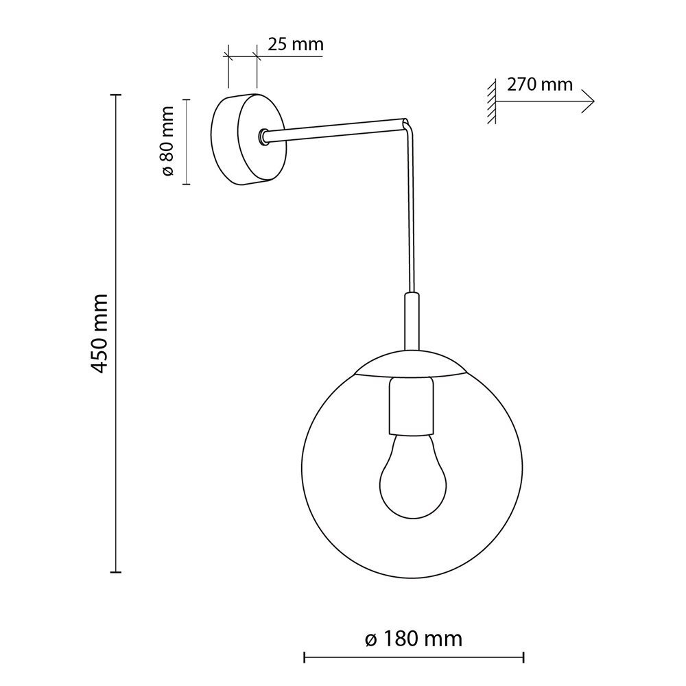 Schematyczny rysunek kinkietu ściennego z wymiarami: wysokość 450 mm, średnica klosza 180 mm, średnica podstawy 80 mm, odległość od ściany 270 mm, długość ramienia 25 mm. Widoczna jest żarówka wewnątrz klosza.