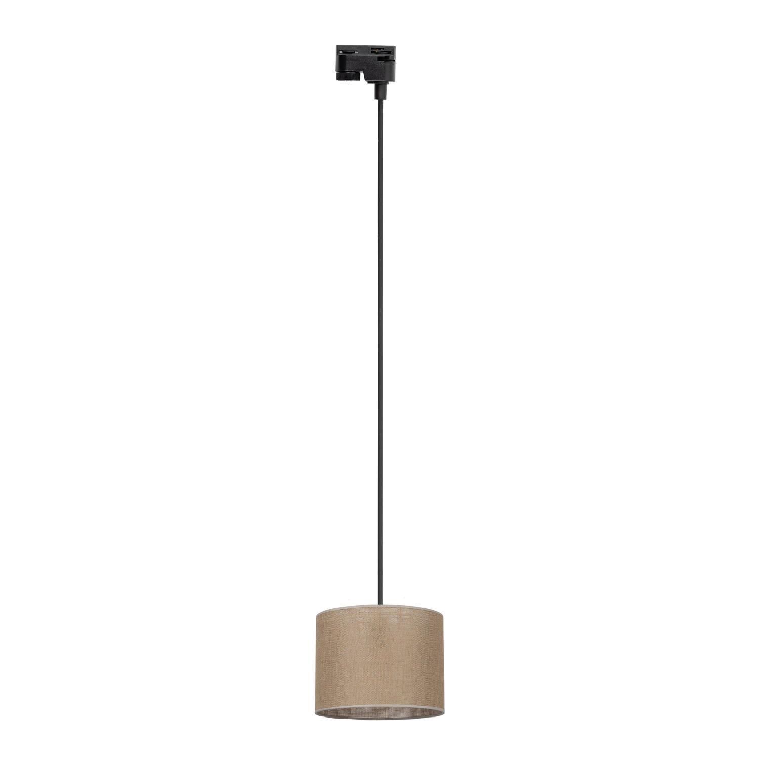 Lampa wisząca z czarnym przewodem i brązowym kloszem w kształcie walca. Klosz jest zawieszony na długim, regulowanym przewodzie.