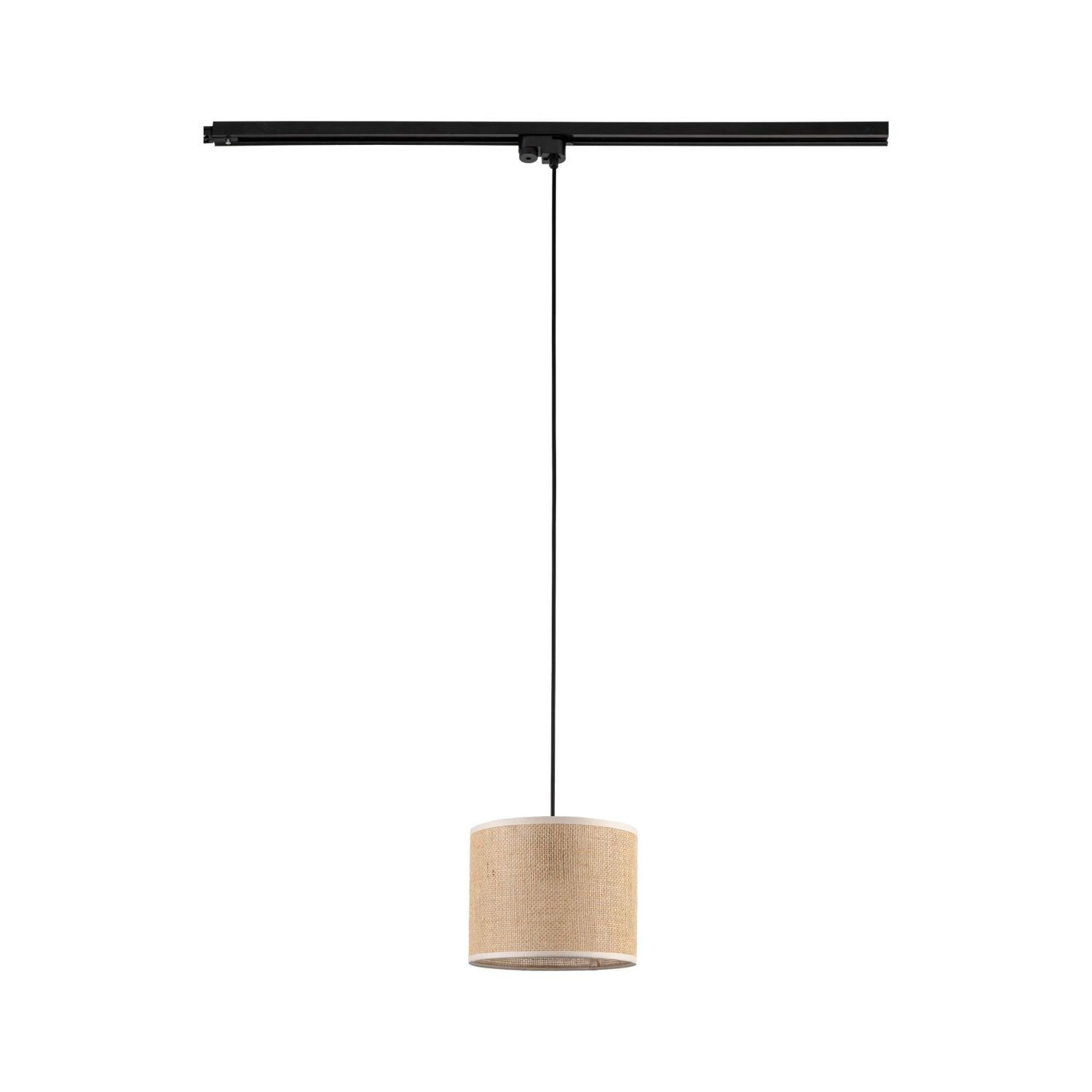 Lampa wisząca z czarną szyną i brązowym kloszem w kształcie walca. Klosz zawieszony jest na cienkim, czarnym przewodzie.