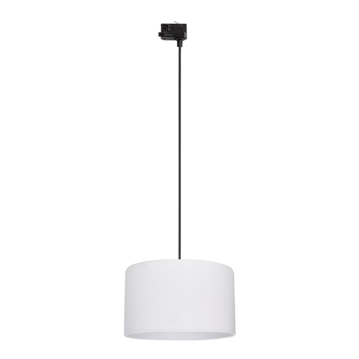 Na obrazie widoczna jest biała lampa wisząca z czarnym przewodem. Lampa ma cylindryczny klosz i jest zawieszona na długim, regulowanym kablu.