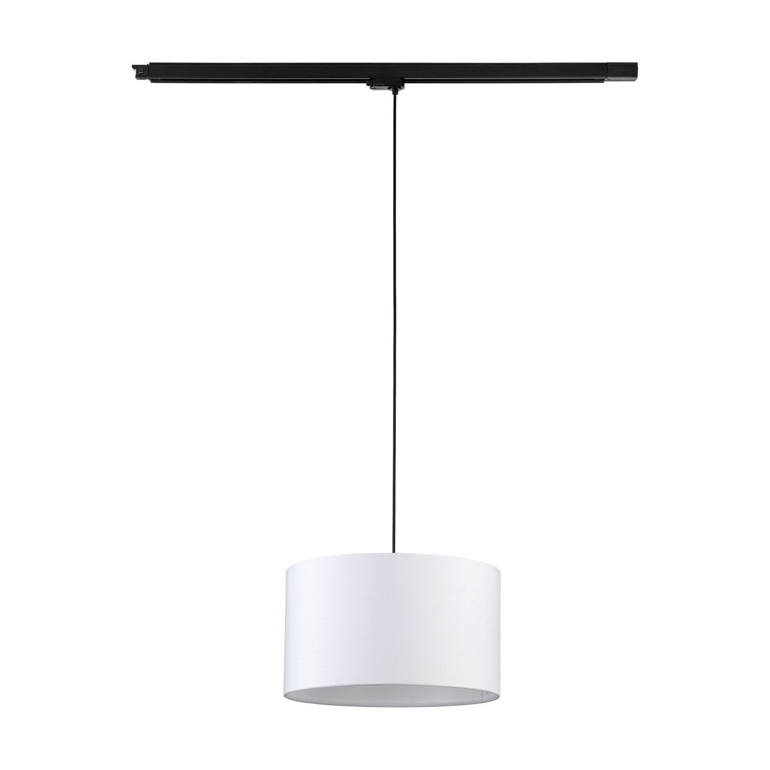 Na obrazie widoczna jest biała lampa wisząca z czarnym kablem, zamontowana na czarnej szynie. Lampa ma cylindryczny klosz i jest zawieszona na długim przewodzie.