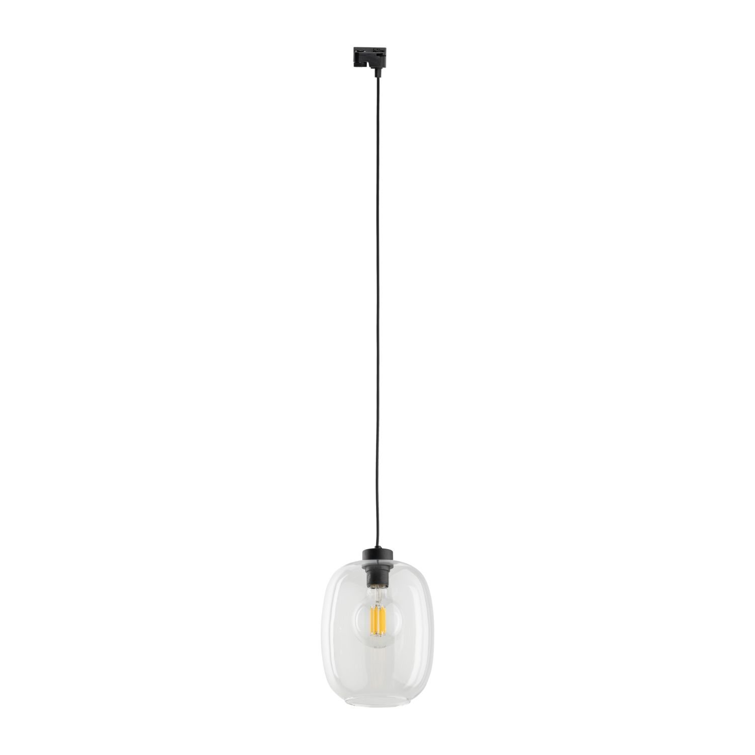 Lampa wisząca z przezroczystym kloszem i czarnym przewodem. Wewnątrz klosza widoczna jest żarówka typu E27.