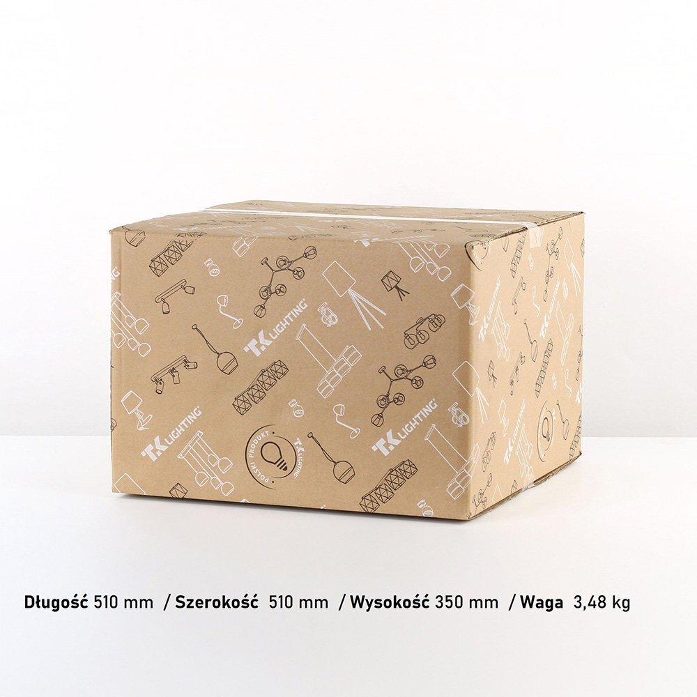 Karton z nadrukiem TK Lighting, zawierający różne schematyczne rysunki lamp. Na dole widoczny jest tekst: \'Długość 510 mm / Szerokość 510 mm / Wysokość 350 mm / Waga 3,48 kg\'.