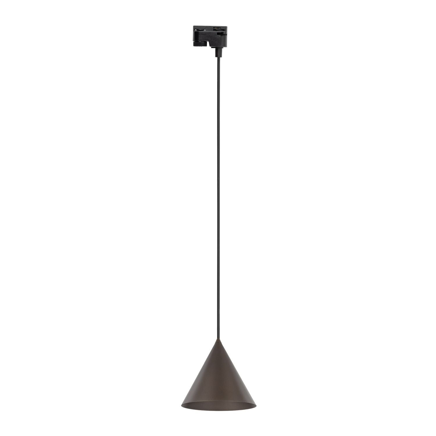 Na obrazie widoczna jest nowoczesna lampa wisząca w kształcie stożka, w kolorze brązowym, zawieszona na cienkim czarnym przewodzie. Lampa posiada prosty, minimalistyczny design.