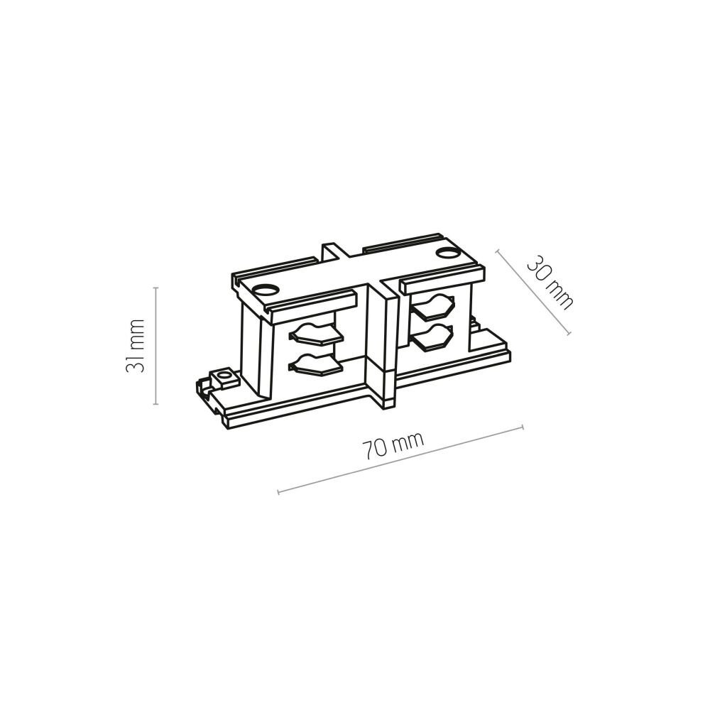Rysunek techniczny przedstawia złącze proste do szyny 3-fazowej z wymiarami: 31 mm wysokości, 70 mm długości i 30 mm szerokości. Widoczne są szczegóły konstrukcyjne złącza, takie jak otwory montażowe i elementy łączeniowe.