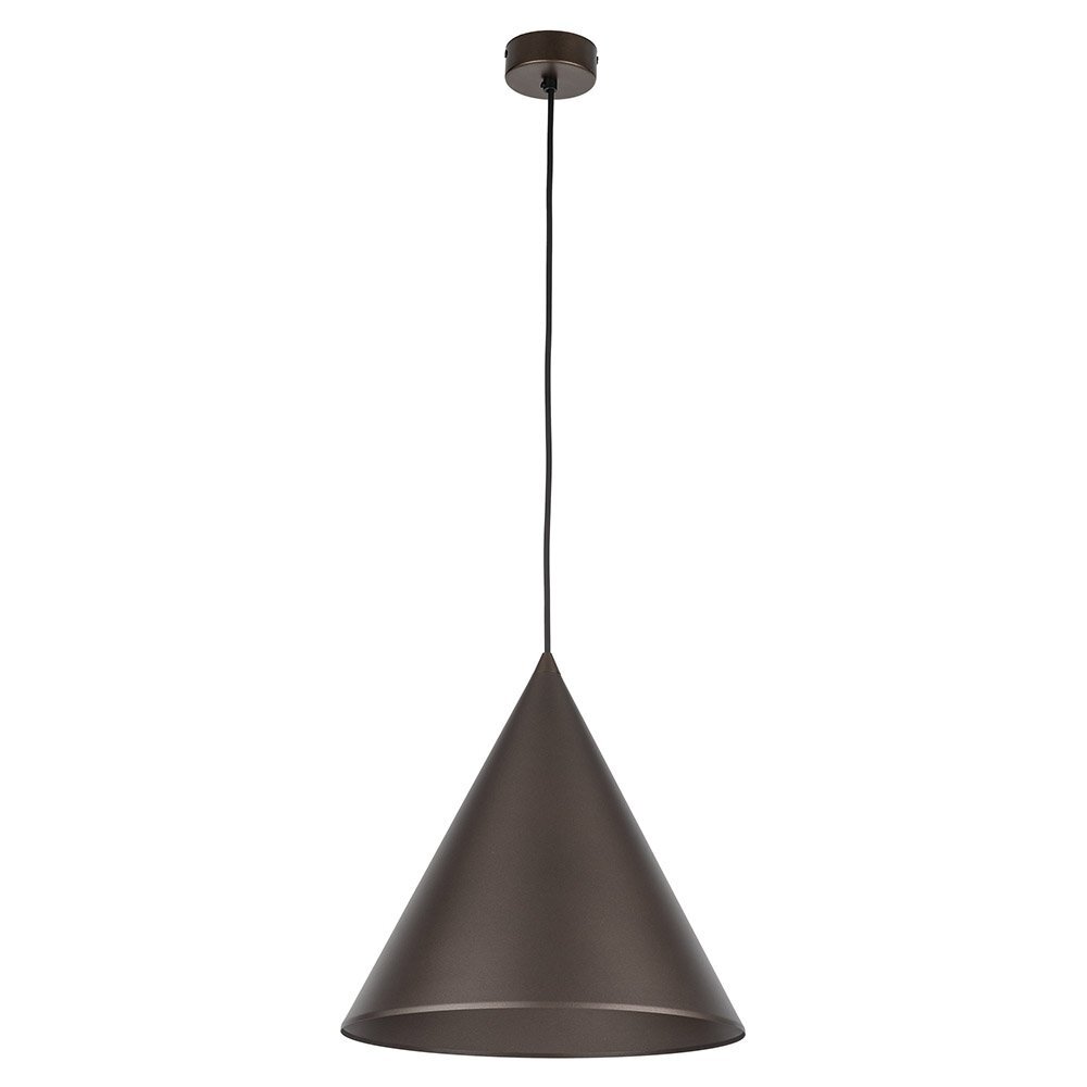 Brązowa, metalowa lampa wisząca o stożkowym kształcie z regulowanym przewodem. Klosz ma gładką powierzchnię i jest zamocowany na cienkim kablu.
