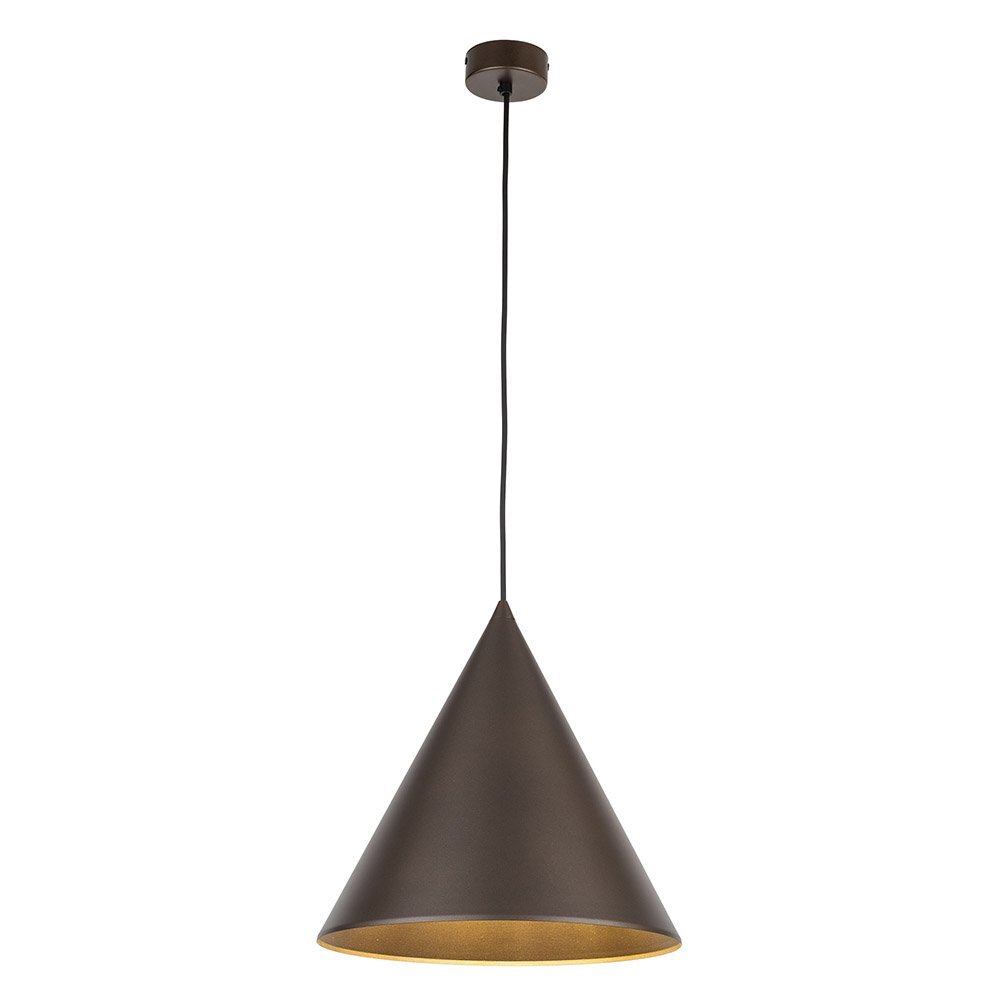 Brązowa, metalowa lampa wisząca o stożkowym kształcie z regulowaną wysokością. Klosz ma gładką powierzchnię i jest zawieszony na cienkim przewodzie.