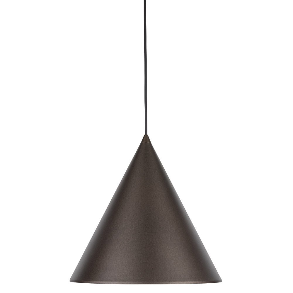Brązowa, metalowa lampa wisząca o stożkowym kształcie z czarnym przewodem. Klosz ma gładką powierzchnię i jednolity kolor.