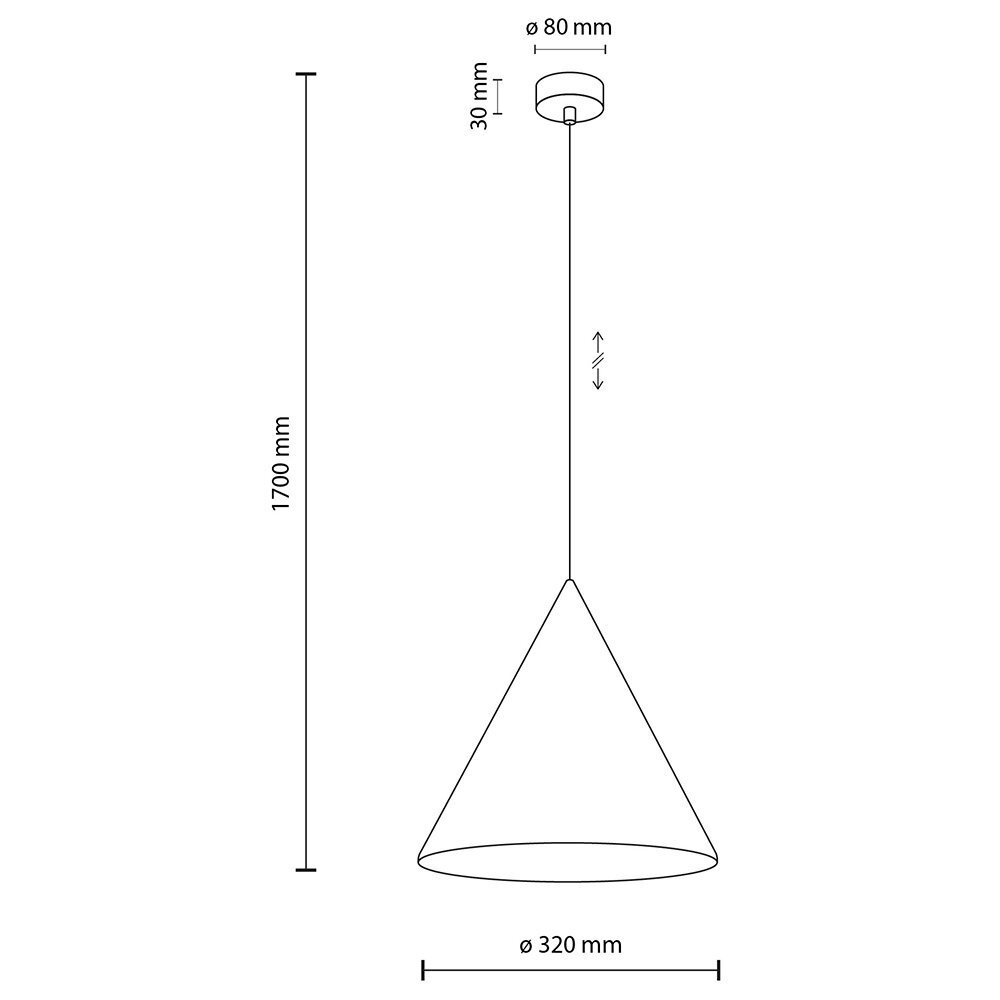 Schematyczny rysunek lampy wiszącej w kształcie stożka z wymiarami: wysokość 1700 mm, średnica klosza 320 mm, średnica mocowania 80 mm, wysokość mocowania 30 mm. Widoczna jest możliwość regulacji wysokości zawieszenia.