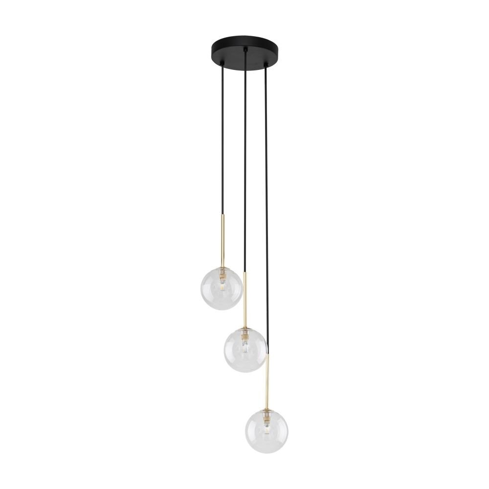 Lampa wisząca z trzema przezroczystymi kloszami w kształcie kul, zawieszonymi na czarnych przewodach z elementami w kolorze złotym. Klosze są zamocowane na różnej wysokości, a całość przymocowana jest do okrągłej, czarnej podstawy sufitowej.