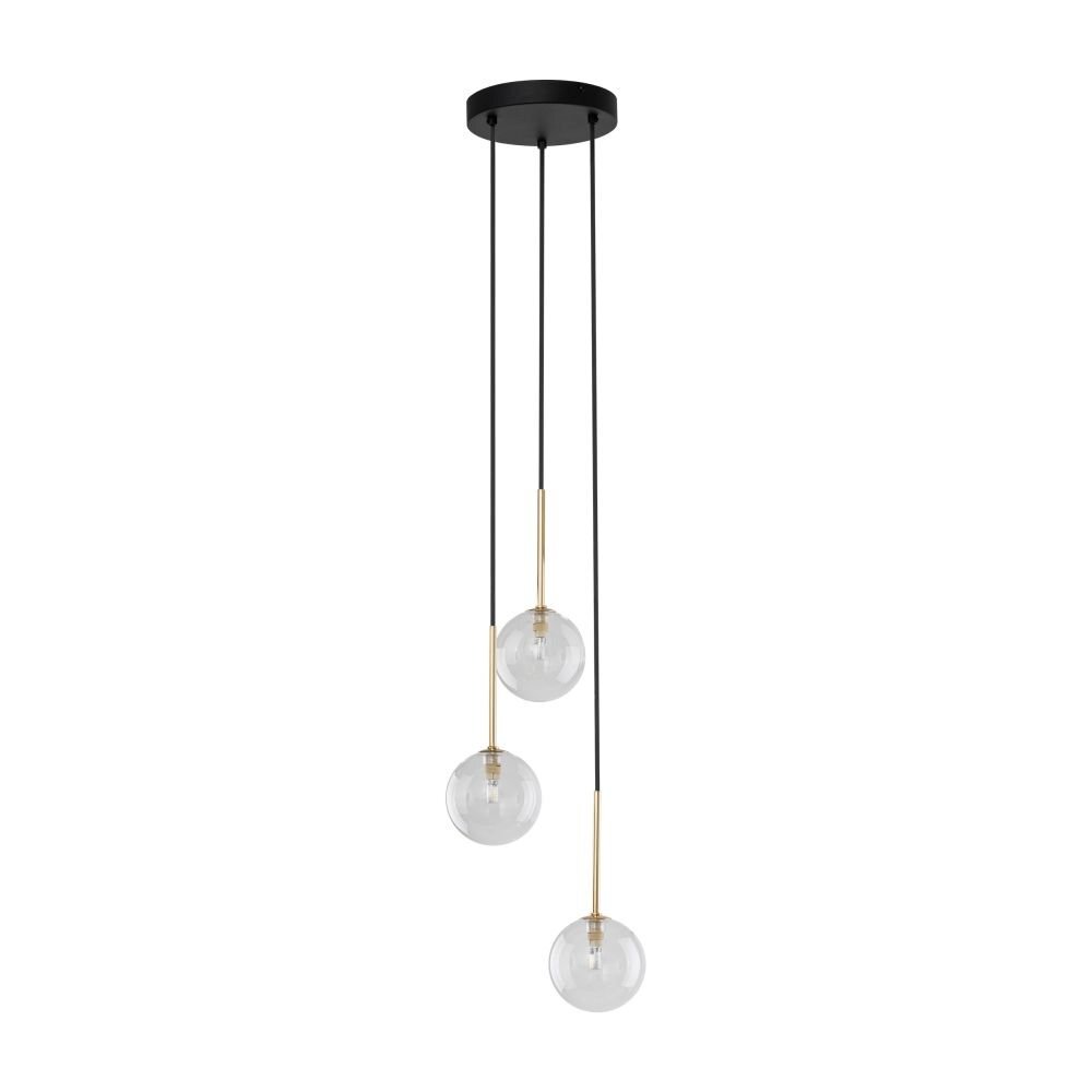 Lampa wisząca z trzema przezroczystymi kloszami na czarnych przewodach, z elementami w kolorze złotym. Klosze są zamocowane na różnej wysokości, a całość jest przymocowana do okrągłej, czarnej podstawy sufitowej.
