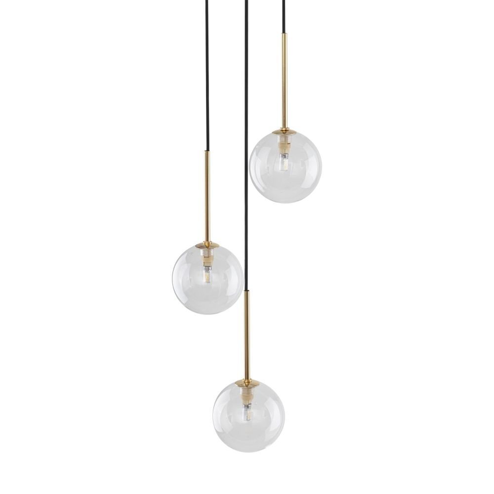 Lampa wisząca z trzema przezroczystymi kulistymi kloszami, zawieszona na czarnych przewodach z elementami w kolorze złotym. Klosze są umieszczone na różnych wysokościach.