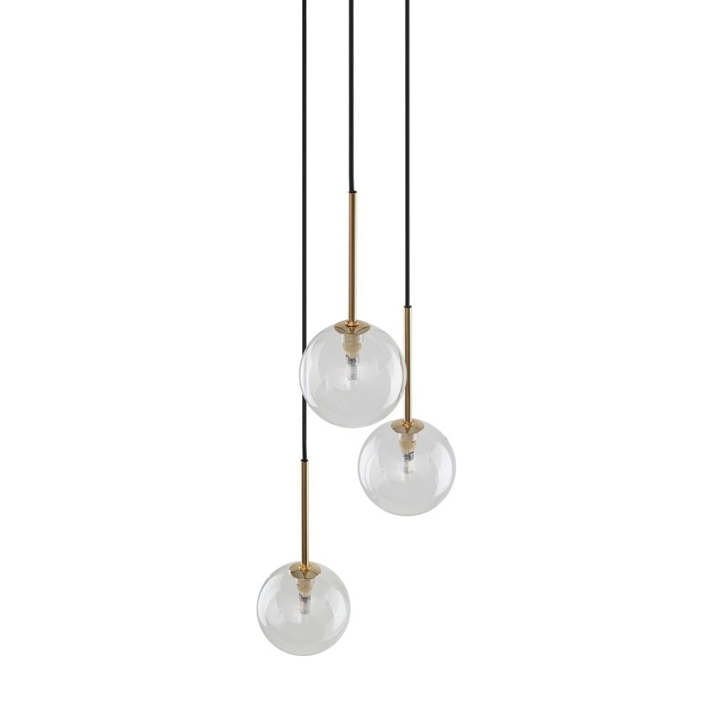 Lampa wisząca z trzema przezroczystymi kulistymi kloszami, zawieszona na czarnych przewodach z elementami w kolorze złotym. Klosze są równomiernie rozmieszczone na różnych wysokościach.