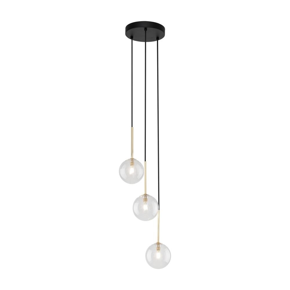 Lampa wisząca z trzema przezroczystymi kloszami na czarnych przewodach, z elementami w kolorze złotym. Klosze są umieszczone na różnych wysokościach, a całość przymocowana jest do okrągłej, czarnej podstawy sufitowej.