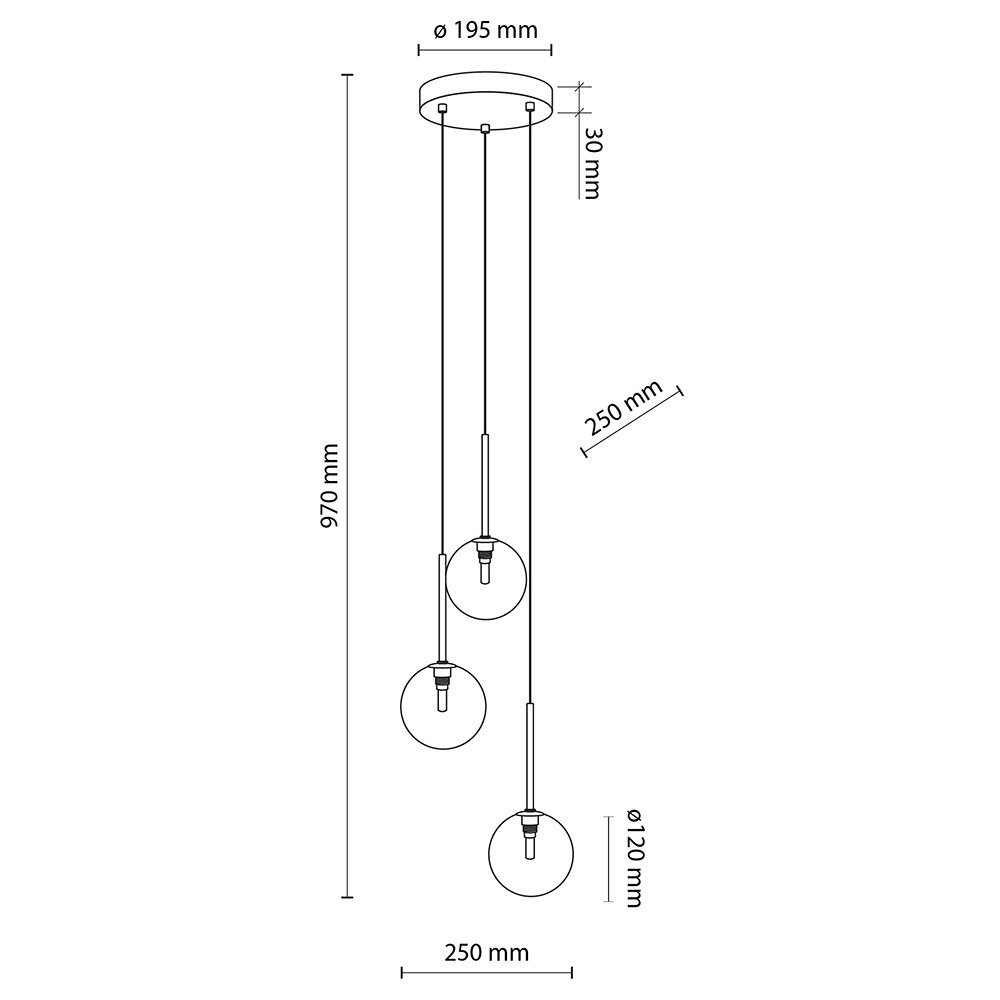 Schemat lampy wiszącej z trzema źródłami światła, z wymiarami: wysokość 970 mm, średnica klosza 120 mm, średnica podstawy 195 mm. Widoczne są linie i oznaczenia wymiarów, takie jak 250 mm i 30 mm.
