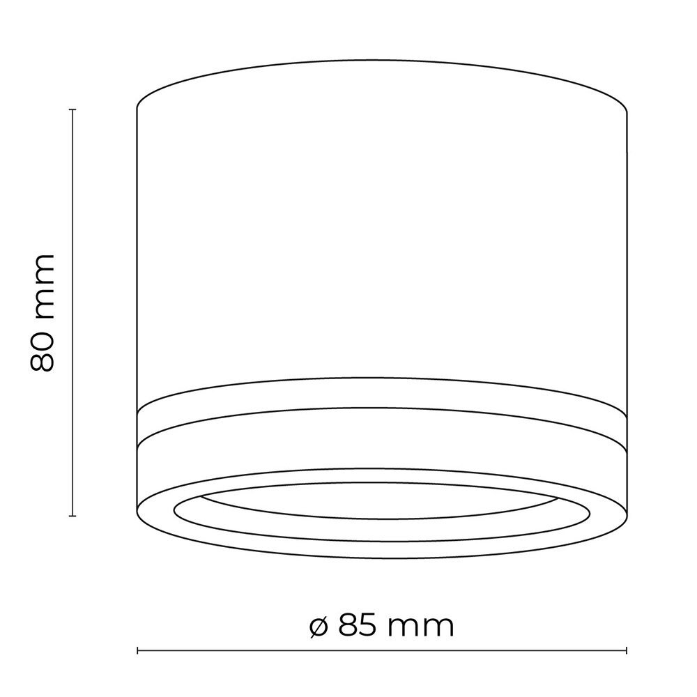 Schematyczny rysunek przedstawia cylindryczny spot natynkowy o wysokości 80 mm i średnicy 85 mm. Widoczne są linie konturowe oraz oznaczenia wymiarów.