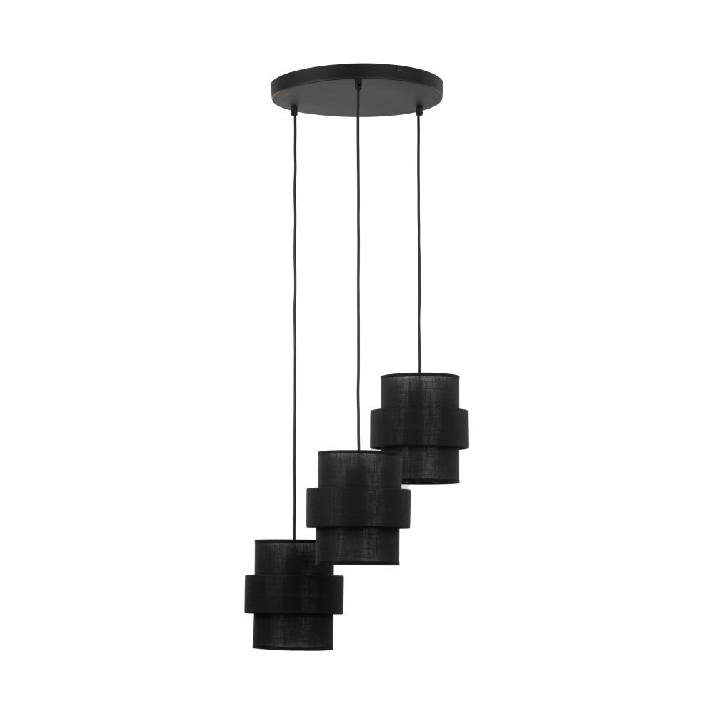 Czarna lampa wisząca z trzema cylindrycznymi kloszami zawieszonymi na regulowanych przewodach. Klosze są umieszczone na różnych wysokościach, tworząc nowoczesny design.