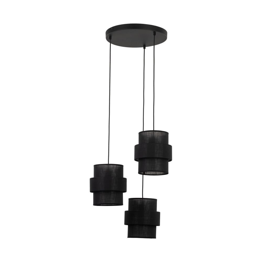 Czarna lampa wisząca z trzema cylindrycznymi kloszami, zawieszona na okrągłej podstawie sufitowej. Klosze są wykonane z materiału o teksturowanej powierzchni.