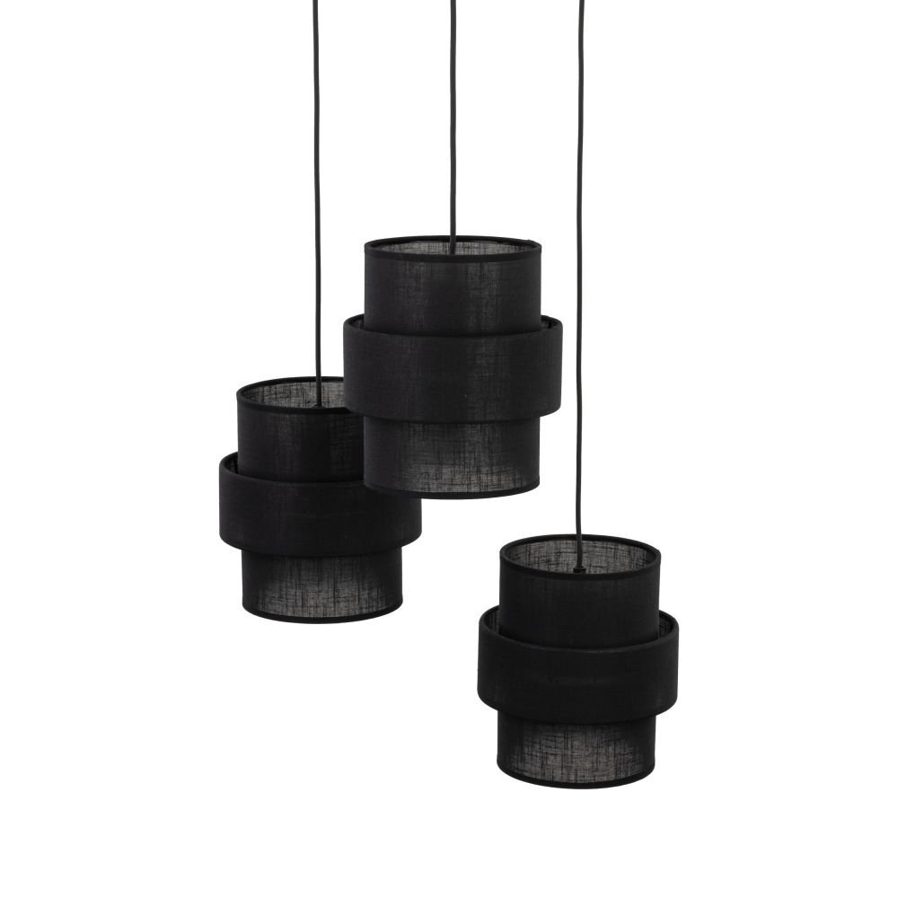 Na obrazie widoczne są trzy czarne, cylindryczne lampy wiszące z regulowaną wysokością. Każda lampa ma podwójny abażur i jest zawieszona na cienkim przewodzie.