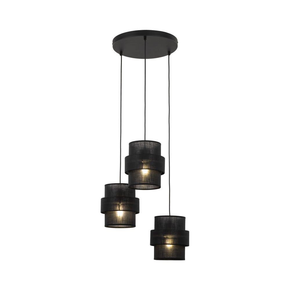Czarna lampa wisząca z trzema kloszami o cylindrycznym kształcie, zawieszona na okrągłej podstawie sufitowej. Każdy klosz emituje delikatne światło, a całość ma nowoczesny design.