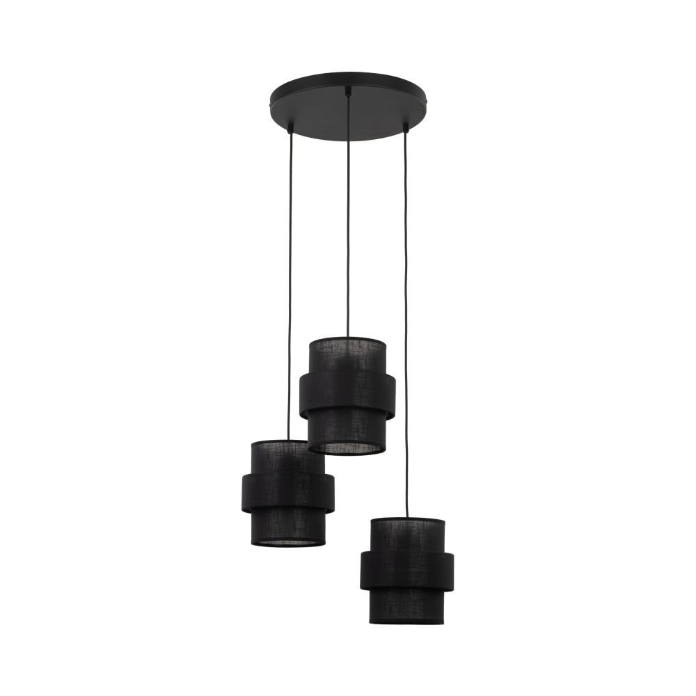Czarna lampa wisząca z trzema cylindrycznymi kloszami zawieszonymi na regulowanych przewodach. Klosze są umieszczone na różnych wysokościach, a całość przymocowana jest do okrągłej podstawy sufitowej.