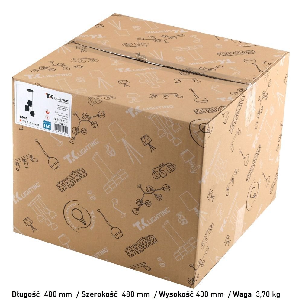 Kartonowe pudełko z nadrukiem różnych lamp i logo TK Lighting. Na etykiecie widnieje napis: \'5981 CALISTO BLACK\'.