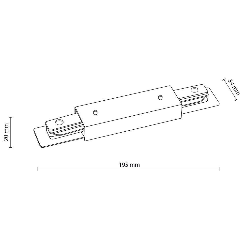 Schematyczny rysunek prostego łącznika do szynoprzewodu z wymiarami: 195 mm długości, 34 mm szerokości i 20 mm wysokości. Widoczne są dwa otwory montażowe na górnej powierzchni.