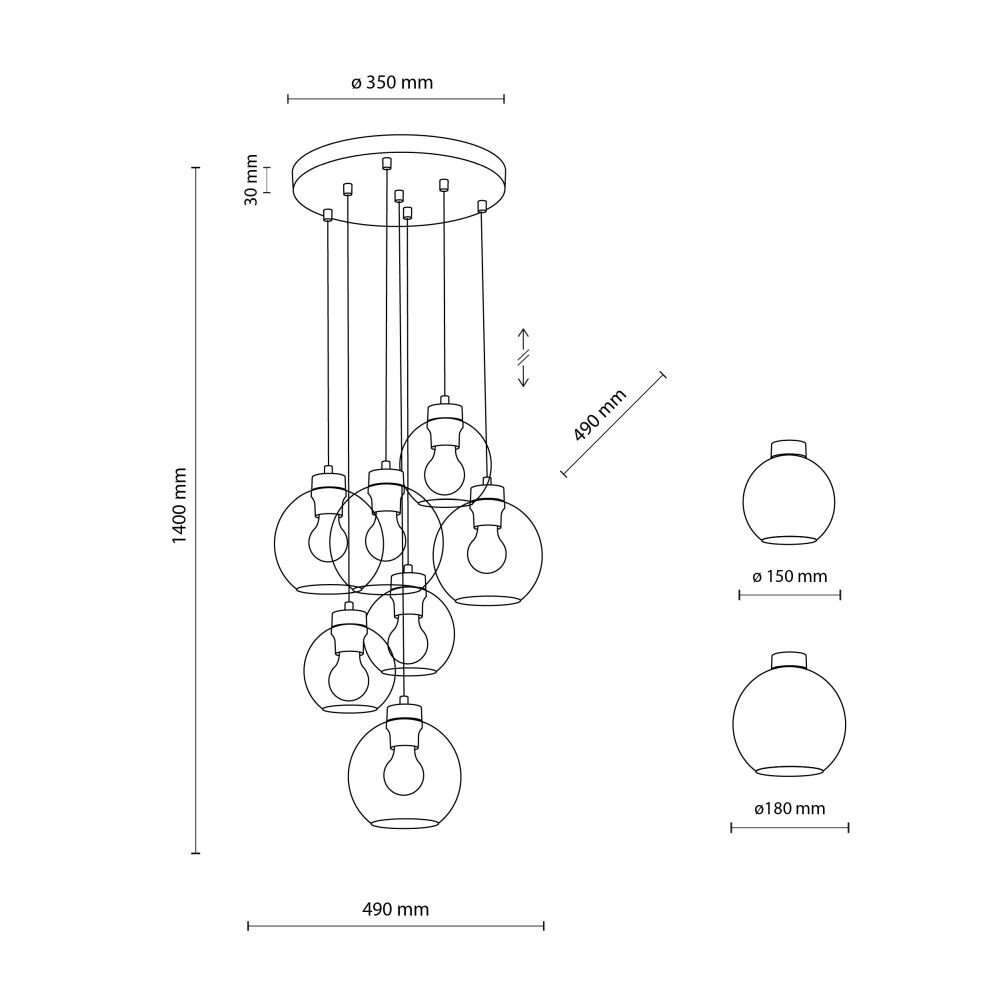 Schematyczny rysunek lampy wiszącej z siedmioma żarówkami, zawieszonymi na okrągłej podstawie o średnicy 350 mm. Wymiary lampy to 1400 mm wysokości i 490 mm szerokości, z dodatkowym oznaczeniem średnic kloszy: 150 mm i 180 mm.
