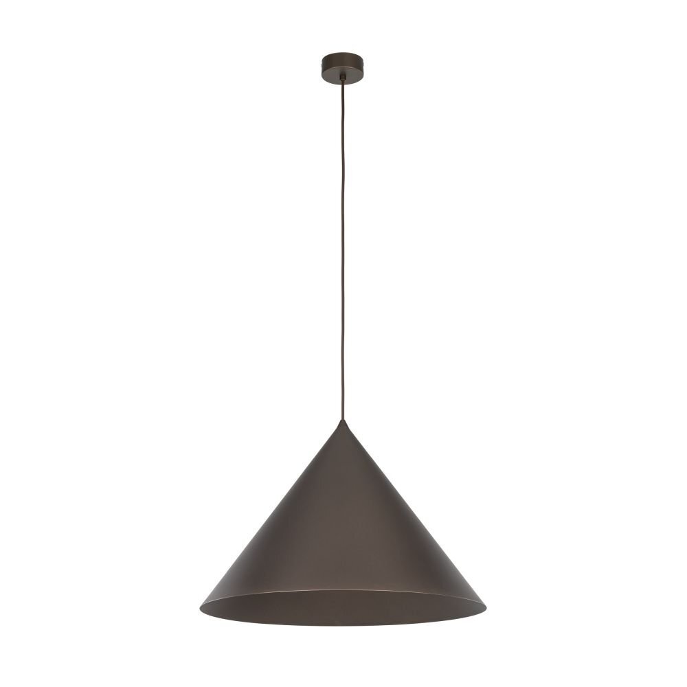 Brązowa lampa wisząca o stożkowym kształcie, zawieszona na cienkim przewodzie. Lampa wykonana z metalu, przeznaczona do montażu sufitowego.