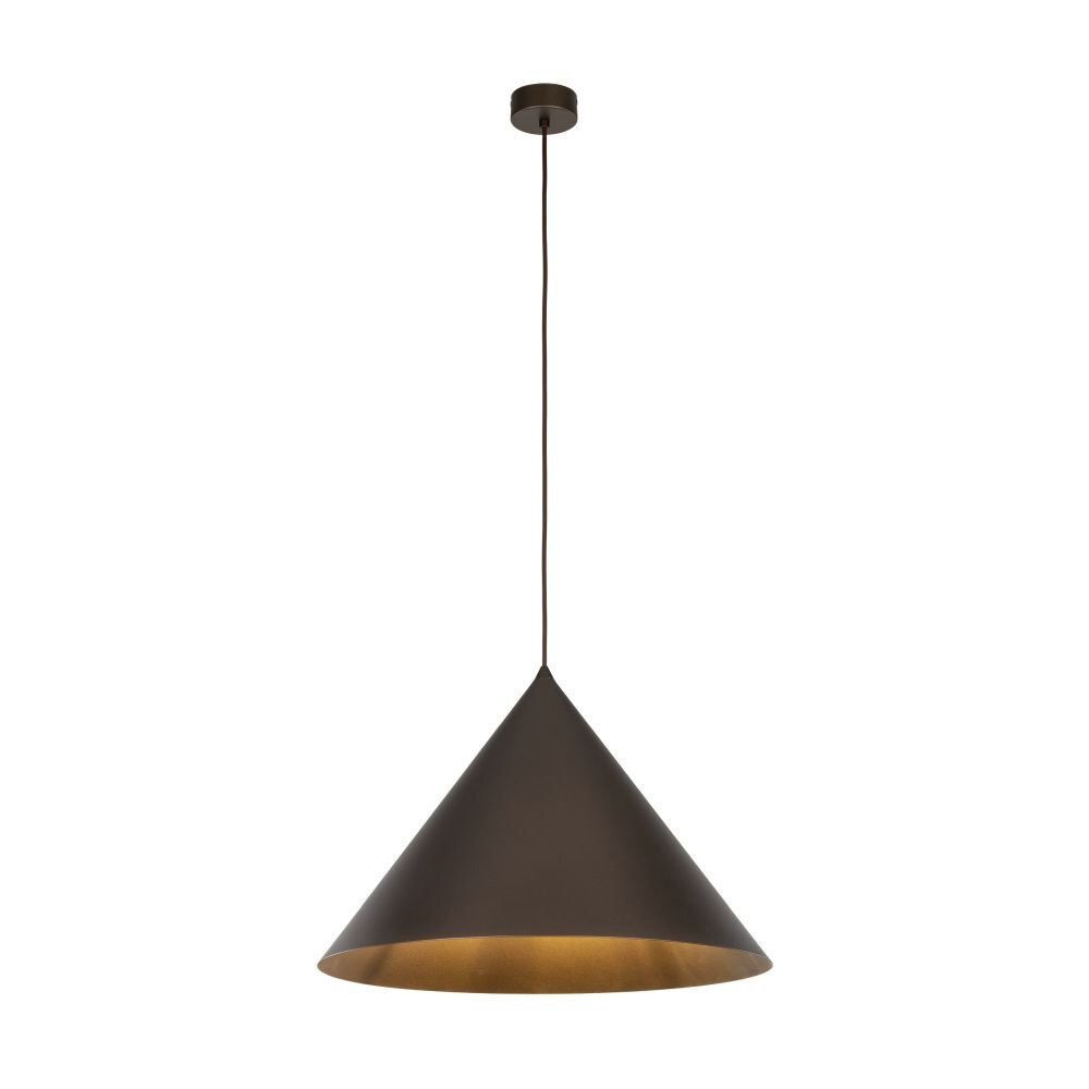 Brązowa lampa wisząca o stożkowym kształcie z metalowym kloszem, zawieszona na cienkim przewodzie. Lampa posiada prosty, nowoczesny design.