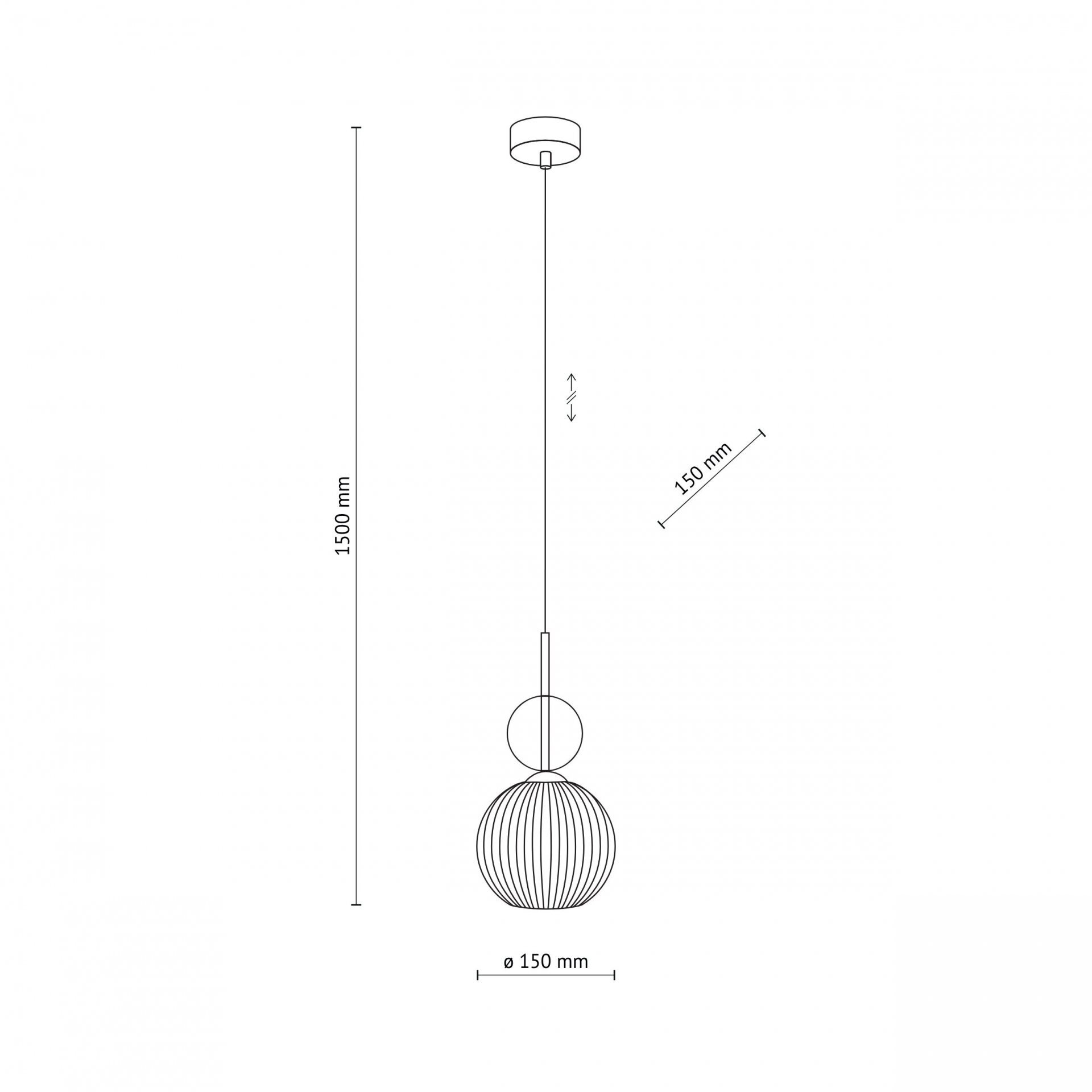 Schematyczny rysunek lampy wiszącej z okrągłym kloszem i możliwością regulacji wysokości. Wymiary: wysokość 1500 mm, średnica klosza 150 mm.