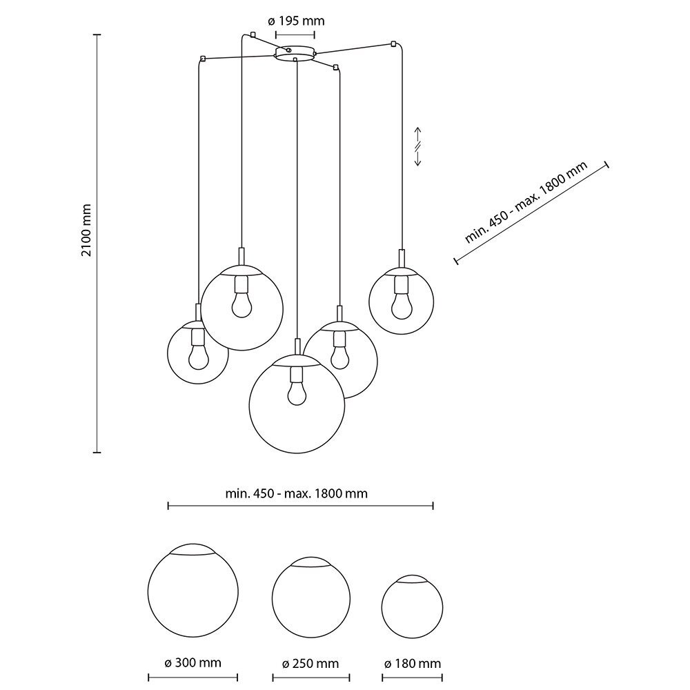 Schemat lampy wiszącej z pięcioma żarówkami, z możliwością regulacji wysokości od 450 mm do 1800 mm. Średnice kloszy wynoszą 300 mm, 250 mm i 180 mm.