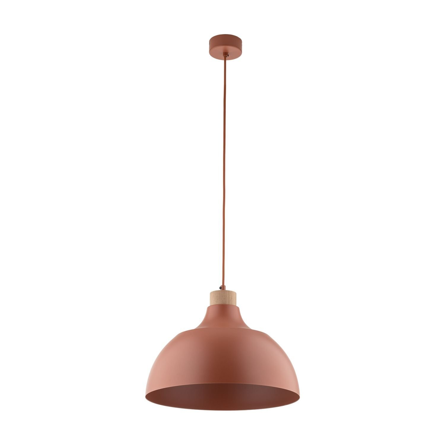 Lampa wisząca w kolorze ceglastym z metalowym kloszem i drewnianym elementem przy zawieszeniu. Posiada regulowany przewód i prosty, nowoczesny design.