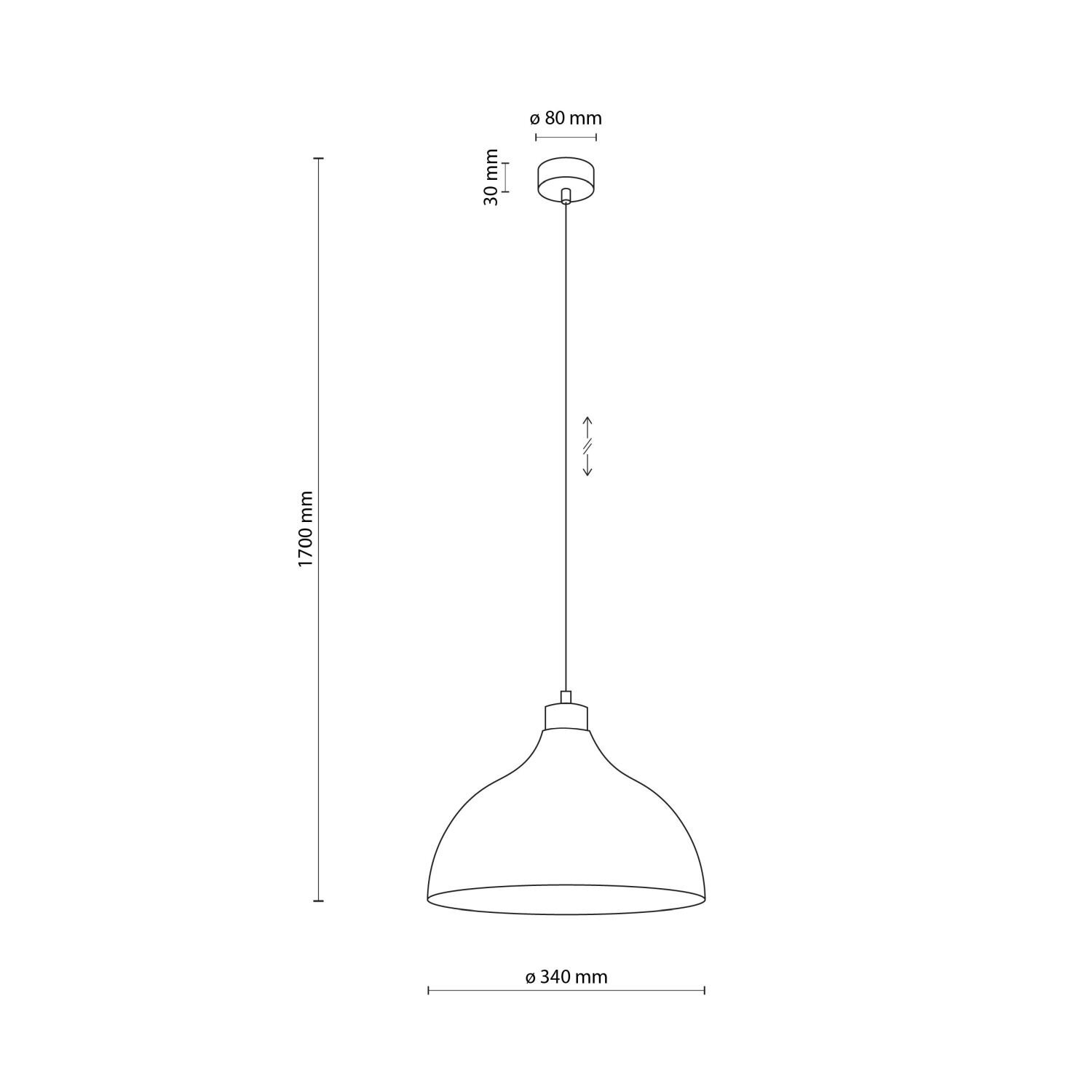 Schematyczny rysunek lampy wiszącej z wymiarami: wysokość regulowana do 1700 mm, średnica klosza 340 mm, średnica mocowania sufitowego 80 mm, wysokość mocowania 30 mm.
