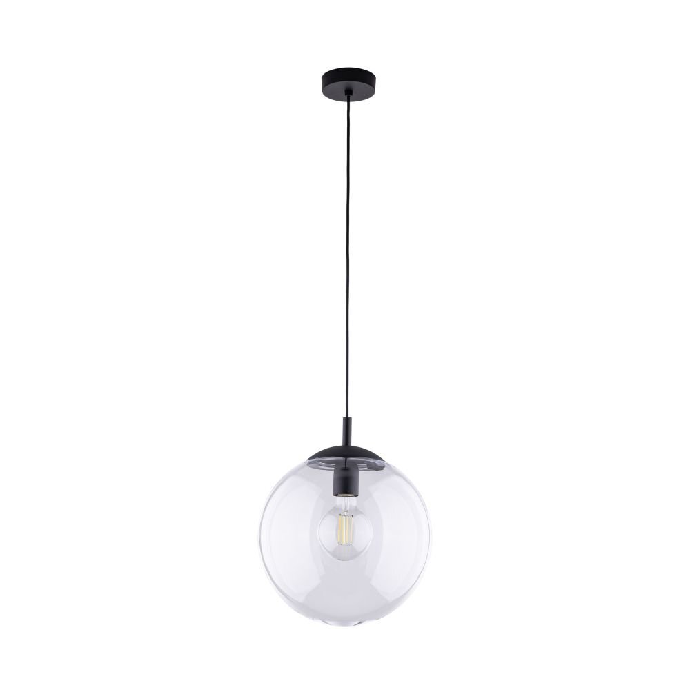 Lampa wisząca z przezroczystym, szklanym kloszem w kształcie kuli i czarnymi detalami. Wewnątrz klosza znajduje się żarówka LED, a lampa jest zawieszona na cienkim, czarnym przewodzie.