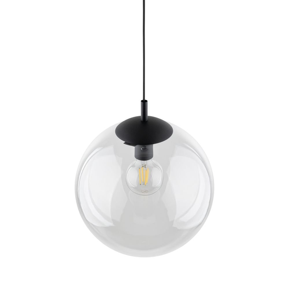 Lampa wisząca z przezroczystym, szklanym kloszem i czarnymi detalami. Wewnątrz znajduje się żarówka LED z widocznymi filamentami.