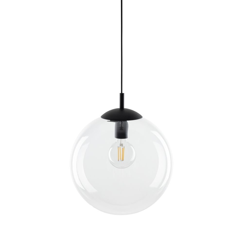 Lampa wisząca z przezroczystym, szklanym kloszem i czarnymi detalami. Wewnątrz klosza znajduje się żarówka LED.