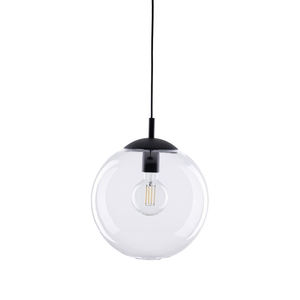 Lampa wisząca z przezroczystym, szklanym kloszem w kształcie kuli i czarnymi detalami. Wewnątrz klosza znajduje się żarówka LED E27.